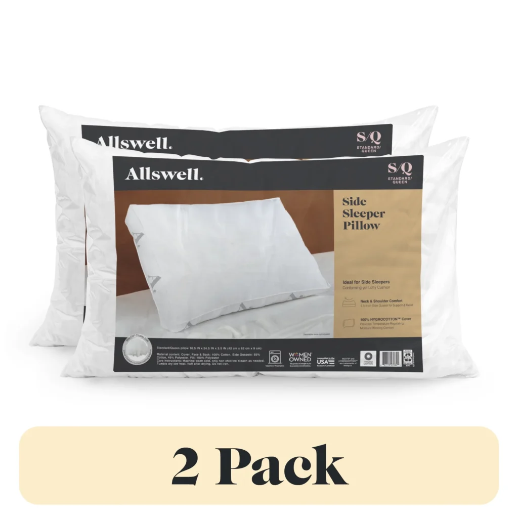 2 pack Allswell Side Sleeper Bed Pillow with HYGROCOTTON Temperature Regulating Cover Standard Queen — close-up detail of design and finish