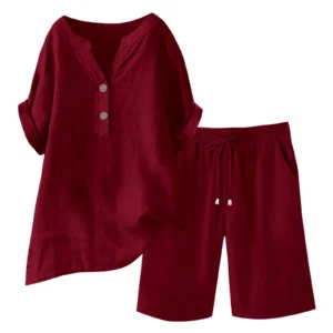 2 Piece Sets Women Summer Linen Outfits Short Sleeve V Neck Button Drawstring Shorts Sets Matching Loungewear Travel Beach Vacation Clothes Recent Or