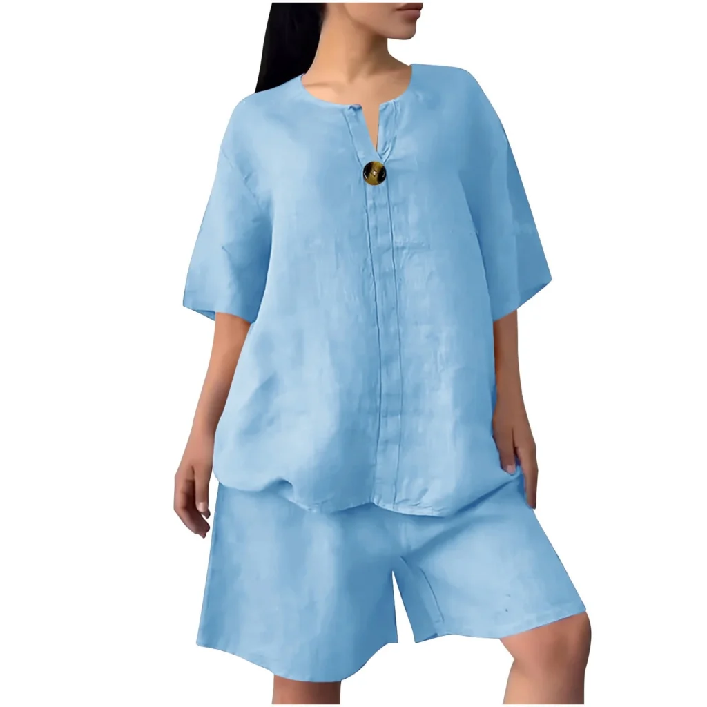 2 Piece Sets Women Summer Linen Outfits Short Sleeve V Neck Button Drawstring Shorts Sets Matching Loungewear Travel Beach Vacation Clothes Recent Or