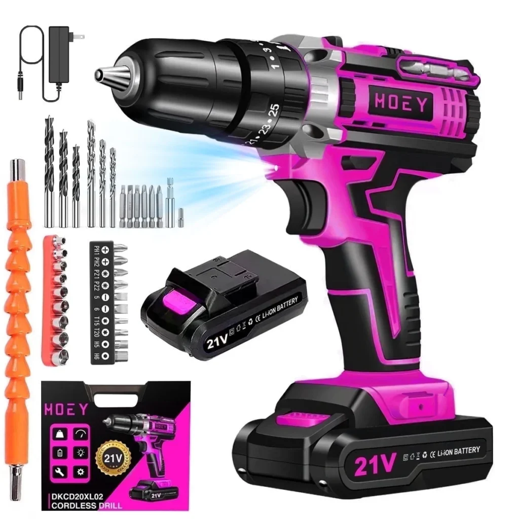 21V Cordless Drill Set Electric Power Drill 34Pcs 3 8 Inch Keyless Chuck 25 3 Clutch Compact Driver Drill Work Light Max torque 45Nm 2 Variable Speed — alternate angle showing full product
