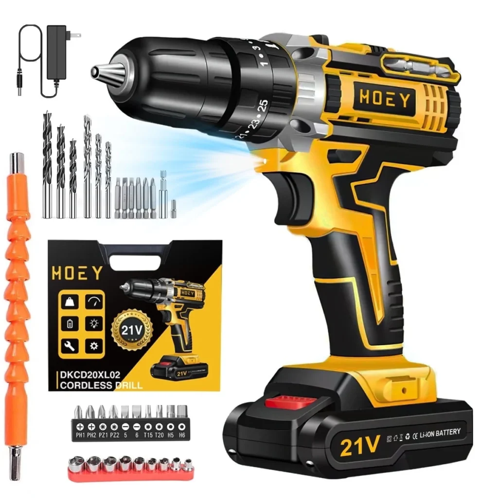 21V Cordless Drill Set Electric Power Drill 34Pcs 3 8 Inch Keyless Chuck 25 3 Clutch Compact Driver Drill Work Light Max torque 45Nm 2 Variable Speed