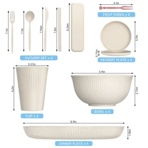 36 pcs Wheat Straw Dinnerware Sets Unbreakable Reusable Plates Bowls Travel Camping Cutlery Set Dishwasher Microwave Safe Dinnerware Beige