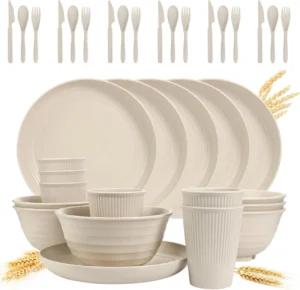 36 pcs Wheat Straw Dinnerware Sets Unbreakable Reusable Plates Bowls Travel Camping Cutlery Set Dishwasher Microwave Safe Dinnerware Beige