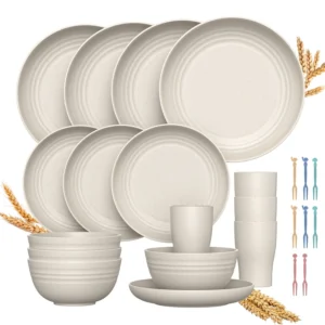 36 pcs Wheat Straw Dinnerware Sets Unbreakable Reusable Plates Bowls Travel Camping Cutlery Set Dishwasher Microwave Safe Dinnerware Black