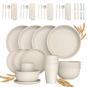 36 pcs Wheat Straw Dinnerware Sets Unbreakable Reusable Plates Bowls Travel Camping Cutlery Set Dishwasher Microwave Safe Dinnerware Beige