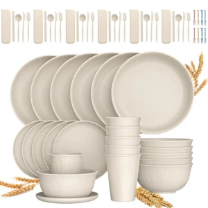 36 pcs Wheat Straw Dinnerware Sets Unbreakable Reusable Plates Bowls Travel Camping Cutlery Set Dishwasher Microwave Safe Dinnerware Black