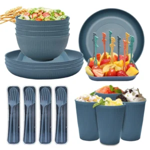 36 pcs Wheat Straw Dinnerware Sets Unbreakable Reusable Plates Bowls Travel Camping Cutlery Set Dishwasher Microwave Safe Dinnerware Black