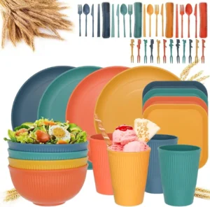36 pcs Wheat Straw Dinnerware Sets Unbreakable Reusable Plates Bowls Travel Camping Cutlery Set Dishwasher Microwave Safe Dinnerware Black