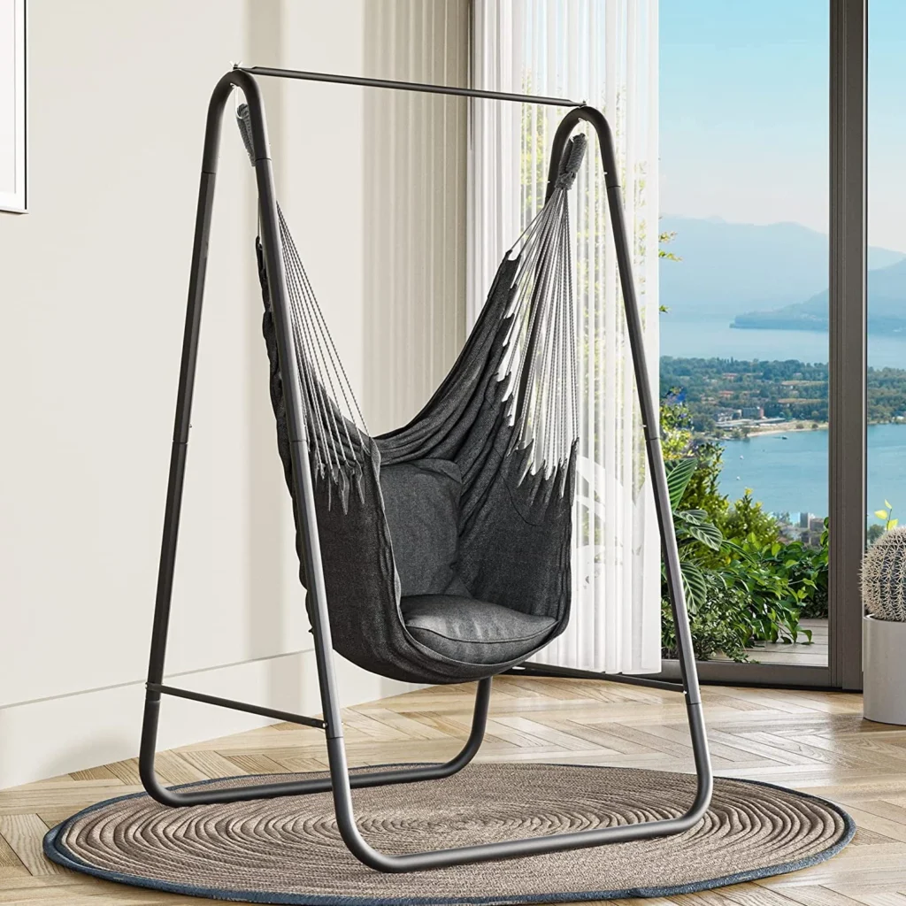 360 Swivel Hammock Swing Chair with Stand Comfortable Hanging Chair with Cushions Dark Gray — alternate angle showing full product