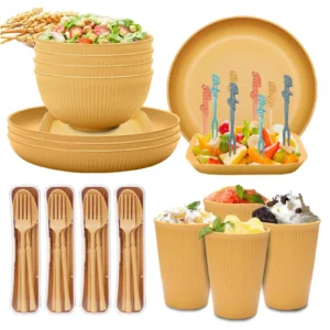 48 Pcs Wheat Straw Dinnerware Sets 4 Unbreakable Dinnerware Sets Reusable Wheat Straw Plates Bowls Sets Travel Camping Cutlery Set Dishwasher Microwa