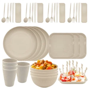 48 Pcs Wheat Straw Dinnerware Sets 4 Unbreakable Dinnerware Sets Reusable Wheat Straw Plates Bowls Sets Travel Camping Cutlery Set Dishwasher Microwa