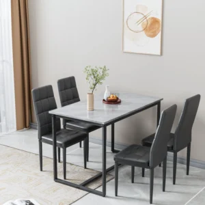 5 Piece Dining Table Set Modern Faux Marble Tabletop 4 PU Leather Upholstered Chairs Rectangle Kitchen Table Chairs 4 Persons Small Dining Set Bar Di