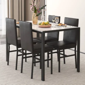 5 Piece Dining Table Set Modern Faux Marble Tabletop 4 PU Leather Upholstered Chairs Rectangle Kitchen Table Chairs 4 Persons Small Dining Set Bar Di