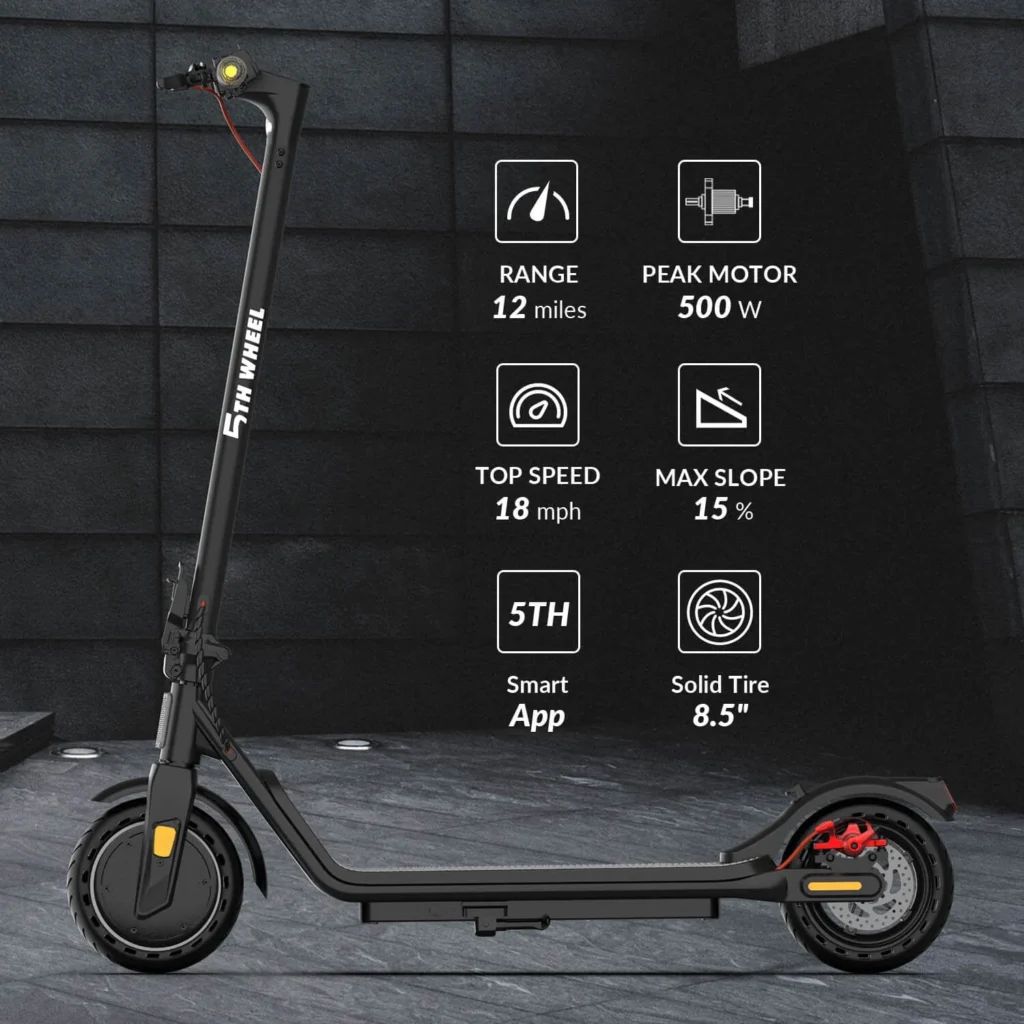5TH WHEEL W16S 300W Electric Scooter – Solid Tires & Turn Signals β alternate angle showing full product