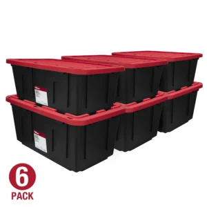 6 pack Hyper Tough 27 Gallon Snap Lid Plastic Storage Bin Container Black with Red Lid