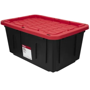 6 pack Hyper Tough 27 Gallon Snap Lid Plastic Storage Bin Container Black with Red Lid