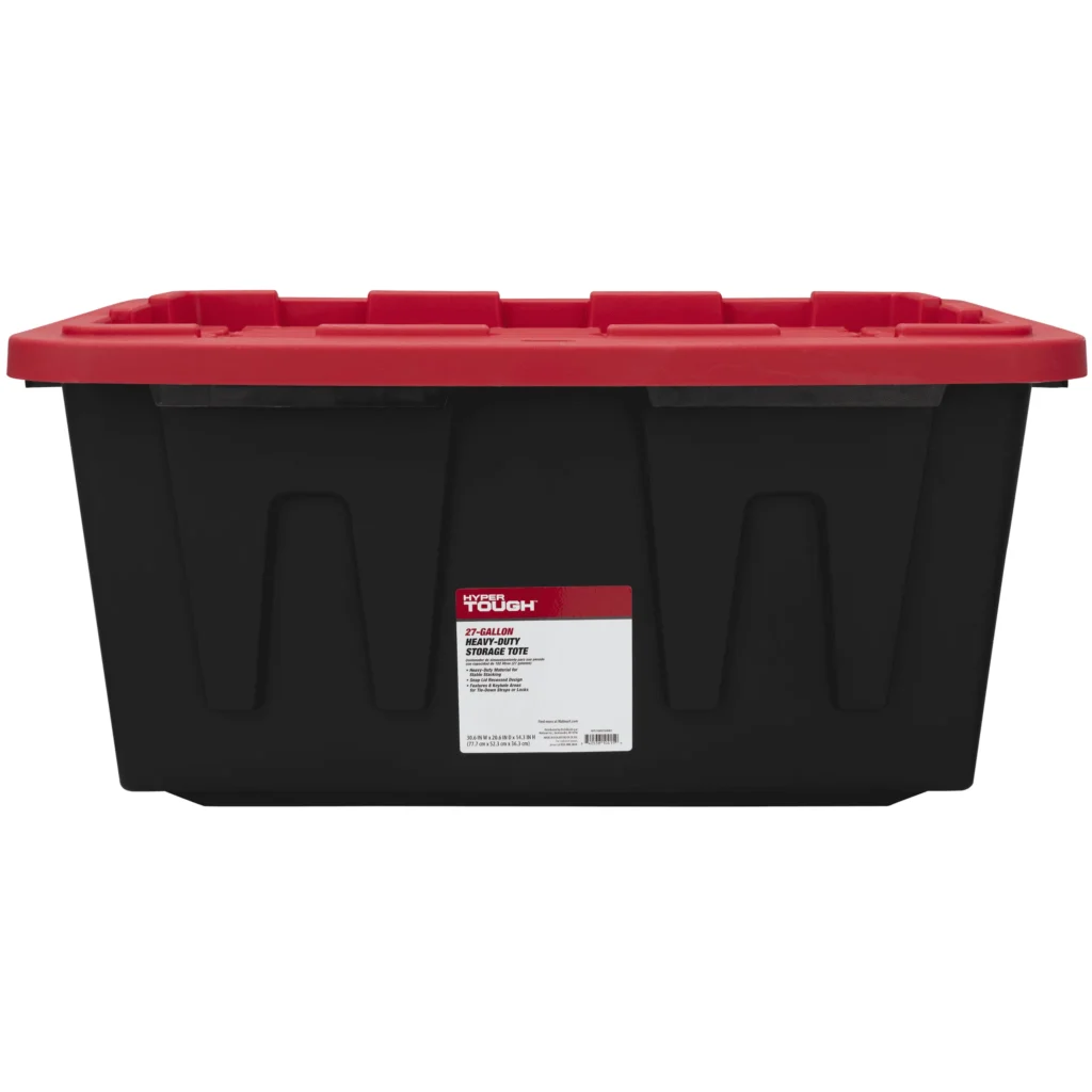 6 pack Hyper Tough 27 Gallon Snap Lid Plastic Storage Bin Container Black with Red Lid — alternate angle showing full product