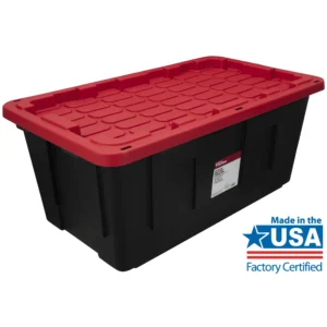 6 pack Hyper Tough 27 Gallon Snap Lid Plastic Storage Bin Container Black with Red Lid