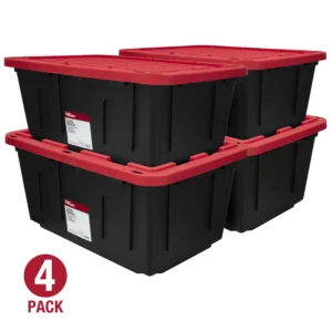 6 pack Hyper Tough 27 Gallon Snap Lid Plastic Storage Bin Container Black with Red Lid