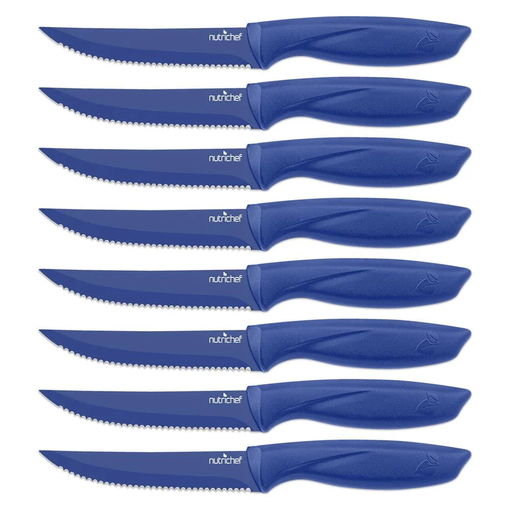 NutriChef 8-Pc Stainless Steel Steak Knife Set – Ergonomic Grip β alternate angle showing full product