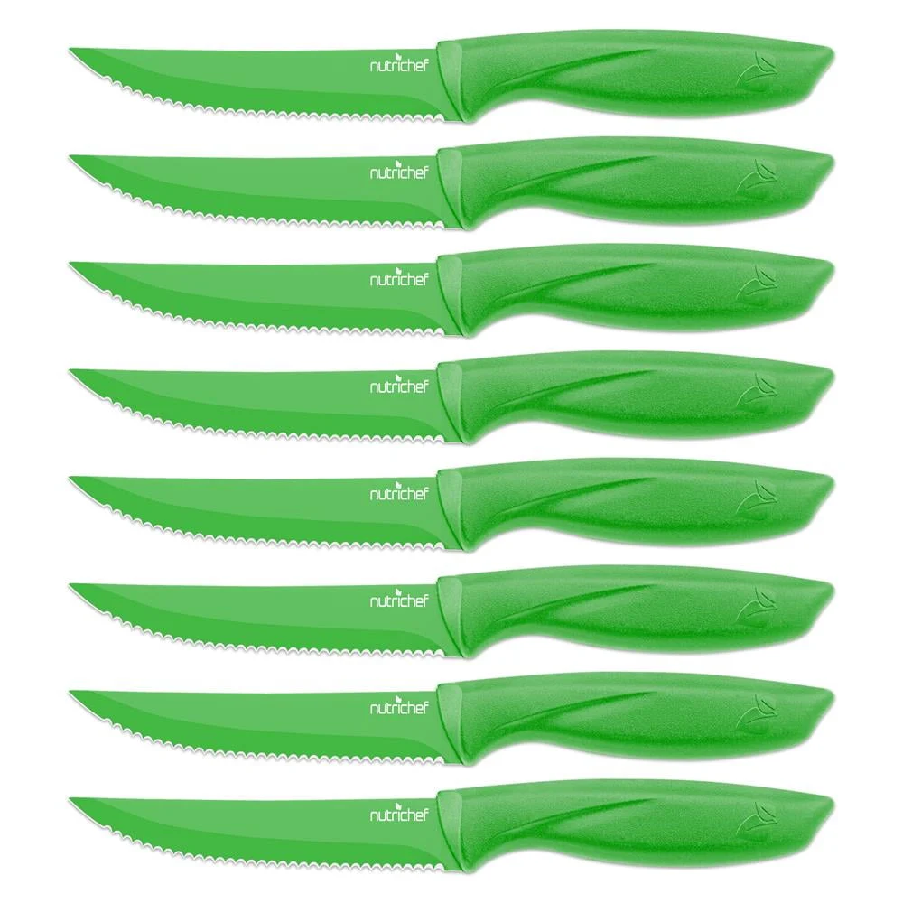 8 Piece Kitchen Knife Set Multi purpose Unbreakable Ergonomic Non stick Stainless Steel Steak Knives Fully Serrated Blades Great BBQ Grill NutriChef