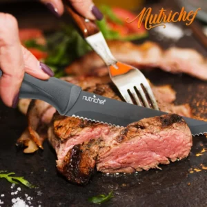 8 Piece Kitchen Knife Set Multi purpose Unbreakable Ergonomic Non stick Stainless Steel Steak Knives Fully Serrated Blades Great BBQ Grill NutriChef
