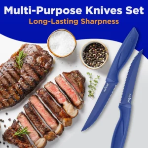 8 Piece Kitchen Knife Set Multi purpose Unbreakable Ergonomic Non stick Stainless Steel Steak Knives Fully Serrated Blades Great BBQ Grill NutriChef