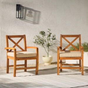 Walker Edison Modular Outdoor Acacia Chairs with Ottoman 3 Piece Set in Brown
