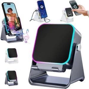 Adjustable Cell Phone Stand Wireless Induction Bluetooth Speaker HD Surround Sound Color Changing LED Light Non Slip Phone Holder Perfect Yoga Kitche