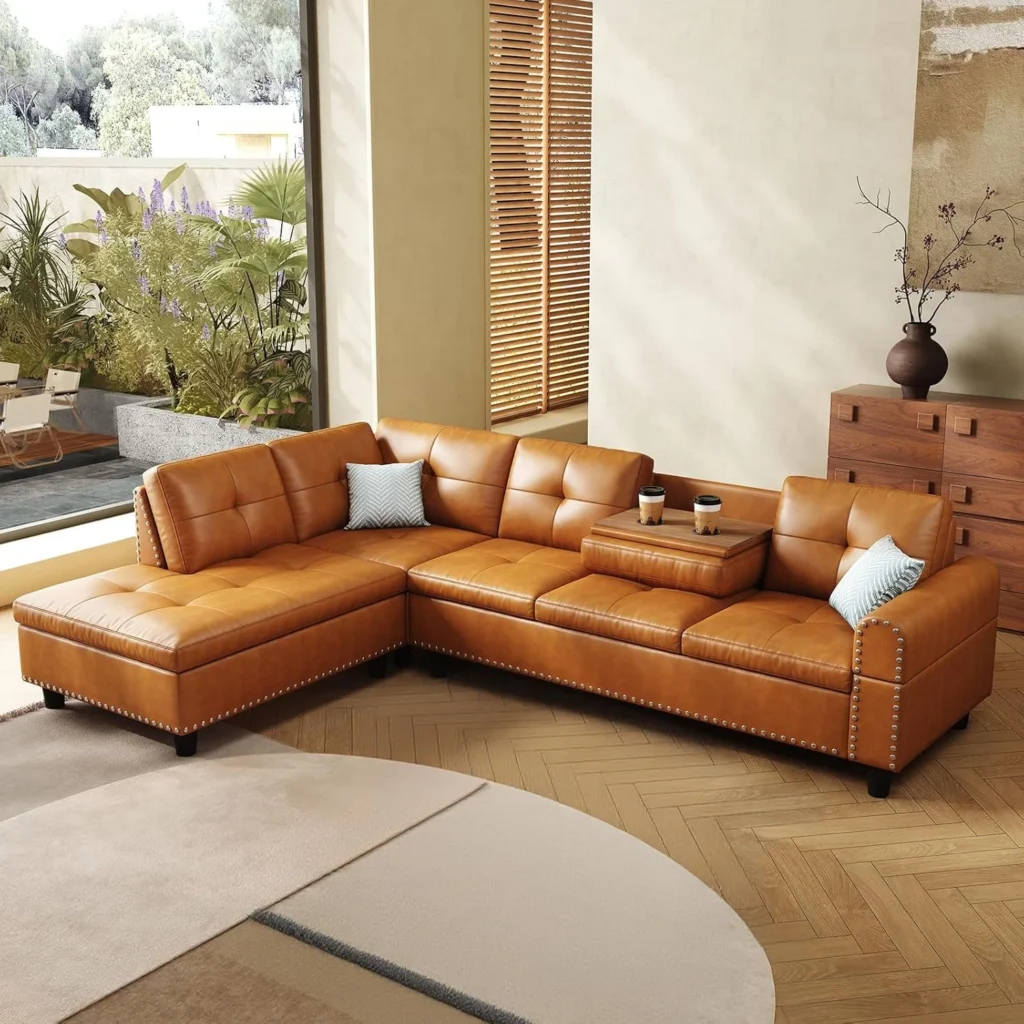 AENKYO 98 L Shaped Upholstered Sectional Sofa Couch with Storage Cup Holders Faux Leather Living Room Sofa Set Black