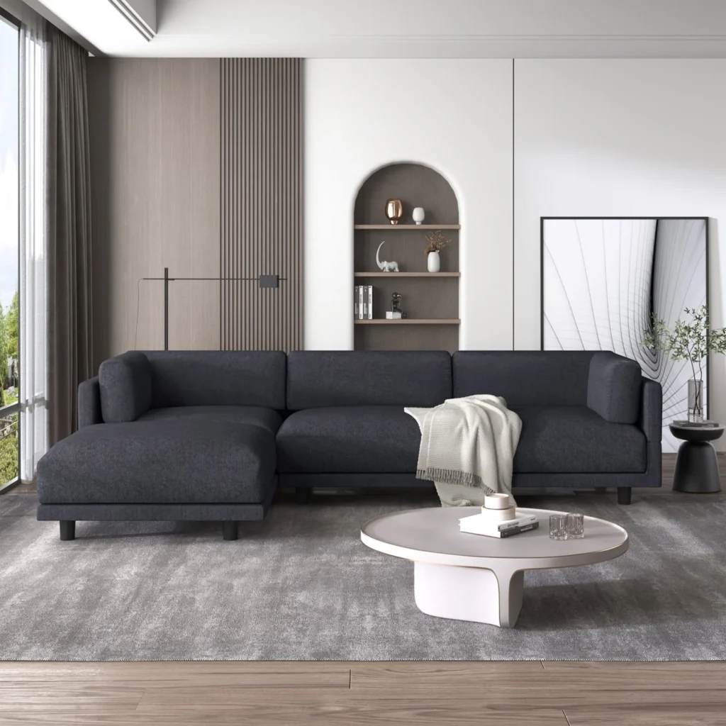AENKYO 98 L Shaped Upholstered Sectional Sofa Couch with Storage Cup Holders Faux Leather Living Room Sofa Set Black — alternate angle showing full product