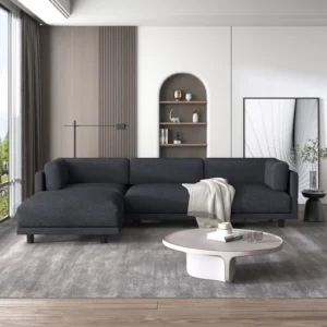 AENKYO 98 L Shaped Upholstered Sectional Sofa Couch with Storage Cup Holders Faux Leather Living Room Sofa Set Black