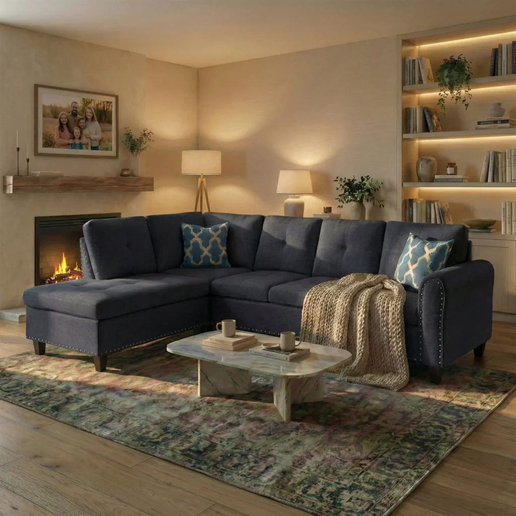 AENKYO 98 L Shaped Upholstered Sectional Sofa Couch with Storage Cup Holders Faux Leather Living Room Sofa Set Black — close-up detail of design and finish