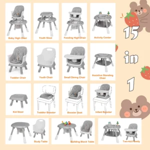 AILEEKISS 15 in 1 Baby High Chair Toddler Dining Booster Seat w Activity Center Grey