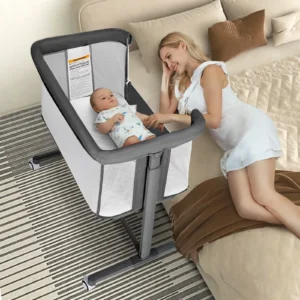 AILEEKISS Baby Bassinet Bedside Sleeper Height Adjustable Newborn Baby Crib with Wheels Grey