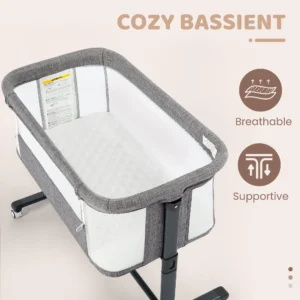 AILEEKISS Baby Bassinet Bedside Sleeper Height Adjustable Newborn Baby Crib with Wheels Grey