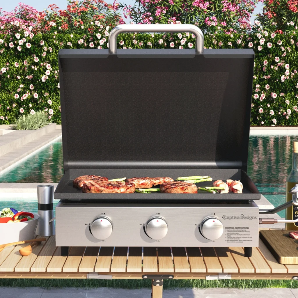 Alpha Joy 3 Burner Propane Gas Griddle Outdoor Flat Top Gas Grill Can Be Detached Table Top Griddle for Camping — alternate angle showing full product
