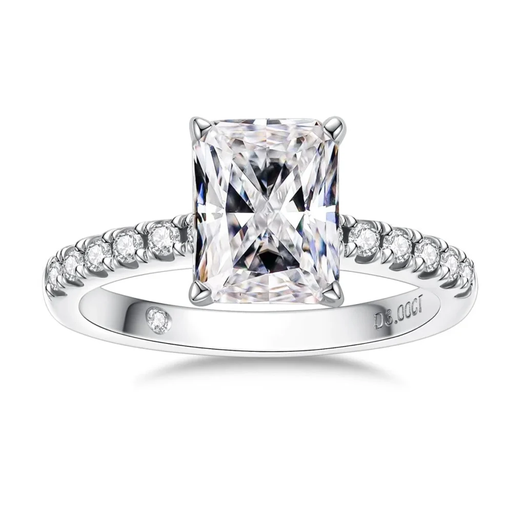 AnuClub 3 Carat Radiant Cut Moissanite Ring – 18K White Gold Plated Luxury β close-up detail of design and finish