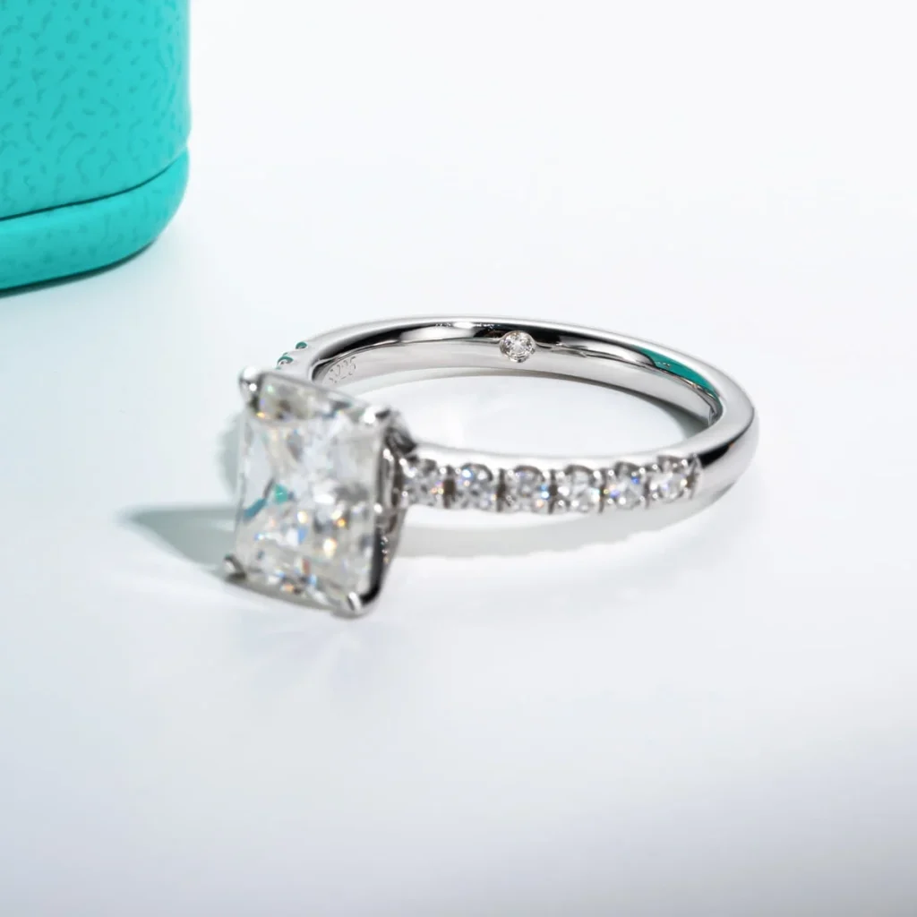 AnuClub 3 Carat Radiant Moissanite Ring – D Color VVS1 Silver Plated — close-up detail of design and finish