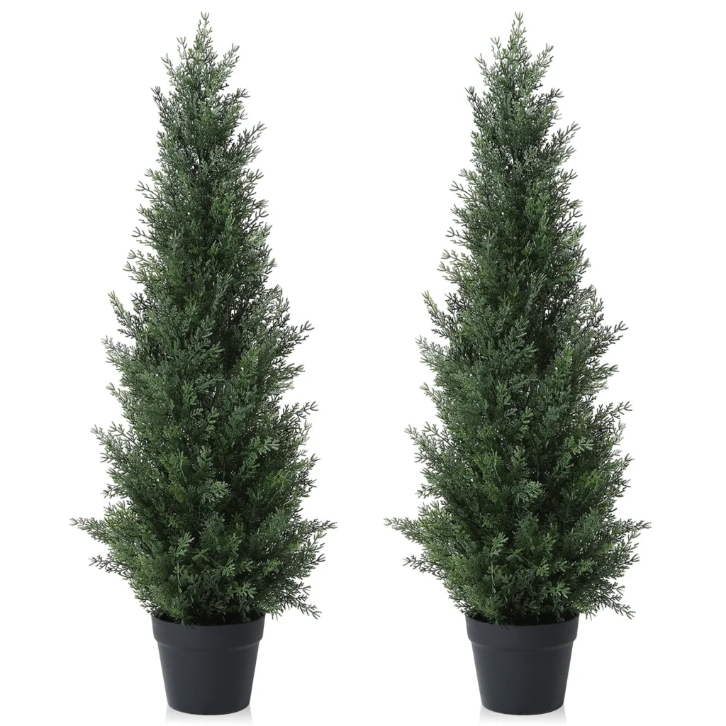 Artificial Cedar Tree 2 Pack 3 ft Outdoor Artificial Topiary Cedar Plants Fake Tree UV Rated Potted Plants Porch Decor Faux Pine Tree Perfect Housewa