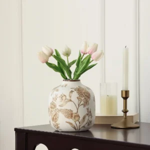 Artisan-Style Brown Floral Ceramic Vase – Hand-Painted Decor