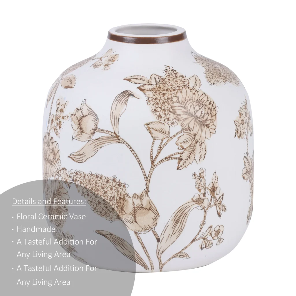 Artisan-Style Brown Floral Ceramic Vase – Hand-Painted Decor — alternate angle showing full product