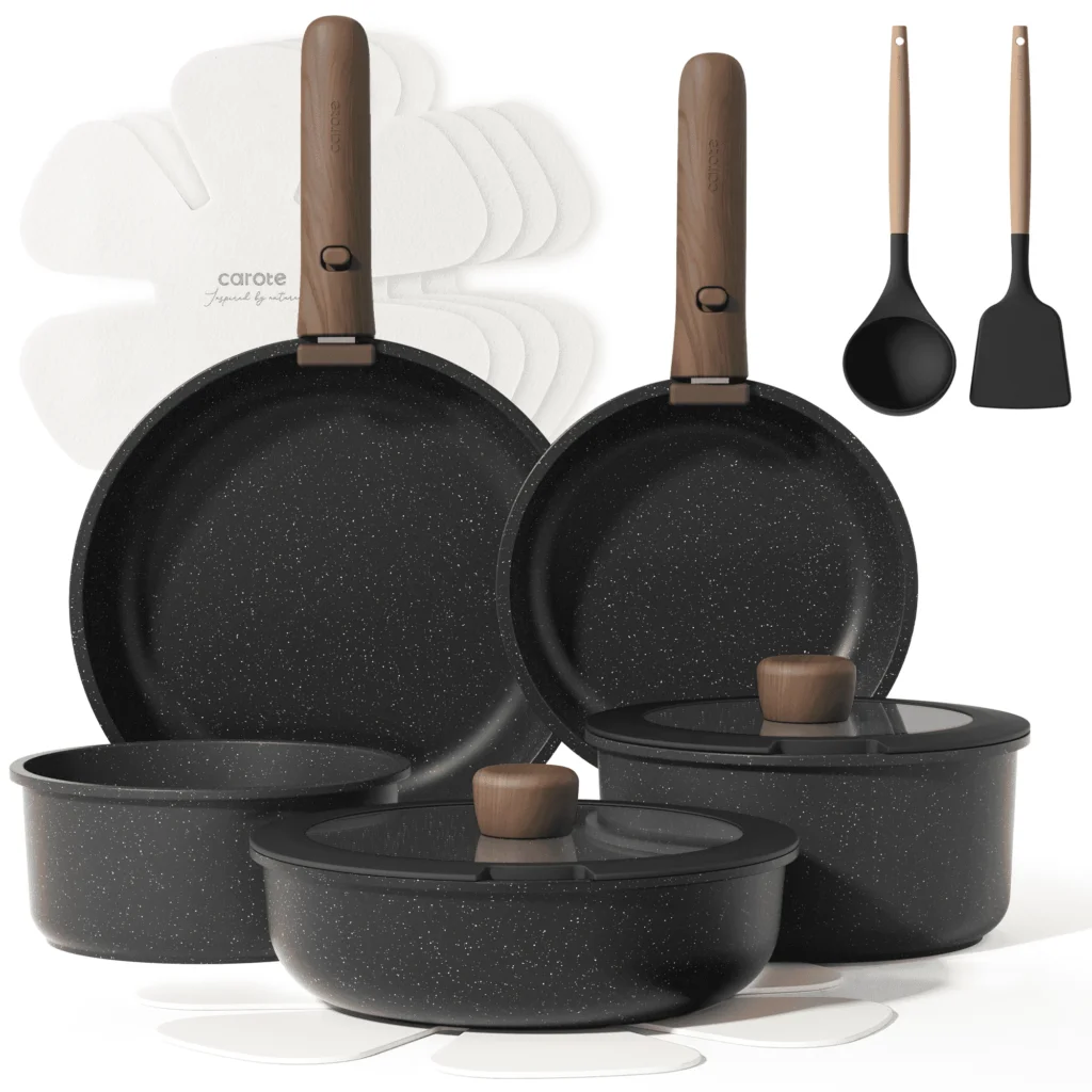 Astercook 20-Piece Ceramic Non-Stick Pots & Pans Set – Detachable Handle, Stackable Versatility β alternate angle showing full product