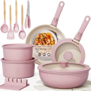 Astercook 20 Piece Ceramic Pots Pans Set Non Stick Cookware Set Detachable Handle Oven Safe Induction Ready Stackable RV Kitchen Cooking Set Removabl