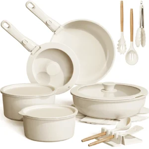 Astercook 20 Piece Ceramic Pots Pans Set Non Stick Cookware Set Detachable Handle Oven Safe Induction Ready Stackable RV Kitchen Cooking Set Removabl
