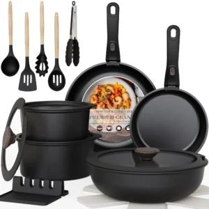 Astercook 20 Piece Ceramic Pots Pans Set Non Stick Cookware Set Detachable Handle Oven Safe Induction Ready Stackable RV Kitchen Cooking Set Removabl