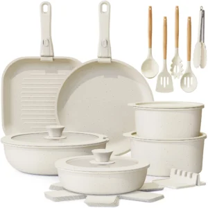 Astercook 23 Piece Ceramic Pots Pans Set Non Stick Cookware Detachable Handles Oven Safe Induction Ready Stackable RV Kitchen Cooking Set Cream White