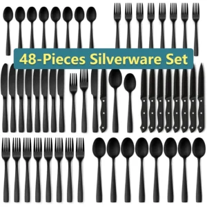 Astercook 25 Pieces Black Silverware Set Steak Knives Flatware 4 Food Grade 410 Stainless Steel Tableware Cutlery Set Eating Mirror Polished Utensil