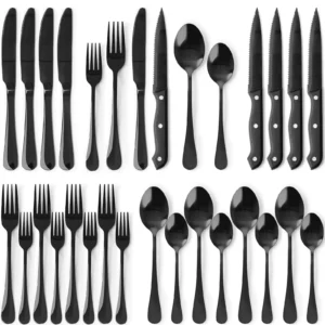Astercook 25 Pieces Black Silverware Set Steak Knives Flatware 4 Food Grade 410 Stainless Steel Tableware Cutlery Set Eating Mirror Polished Utensil