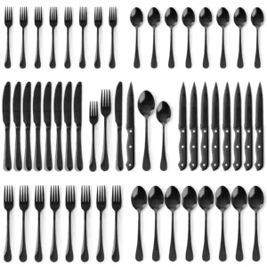 Astercook 25 Pieces Black Silverware Set Steak Knives Flatware 4 Food Grade 410 Stainless Steel Tableware Cutlery Set Eating Mirror Polished Utensil
